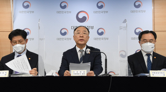 홍남기 부총리 겸 기획재정부 장관이 20일 오후 정부서울청사에서 '2022년 경제정책방향' 관계부처 합동브리핑에서 발표문을 낭독하고 있다. 왼쪽부터 고승범 금융위원장, 노형욱 국토부 장관, 홍남기 부총리, 문승욱 산업부 장관, 권칠승 중기부 장관 <기획재정부 제공>